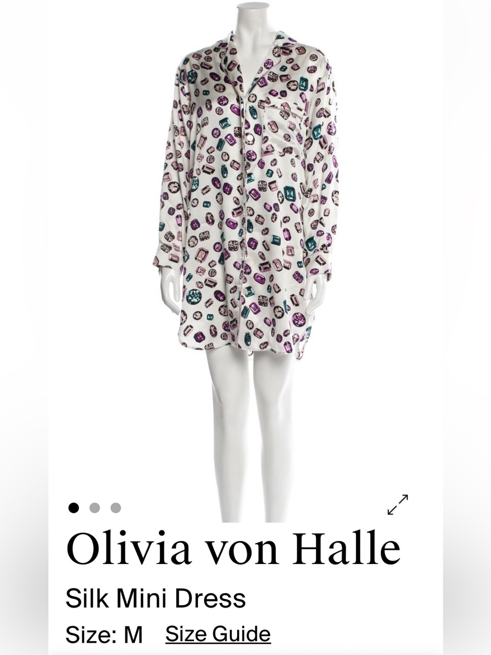 Olivia von Halle White Silk Mini Nightshirt with Purple & Teal Gem Print